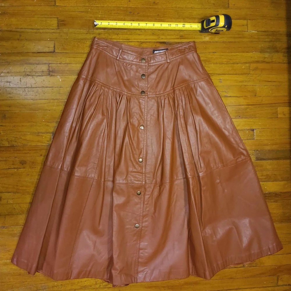 Toffs Vintage Brown Leather Button-Up Skirt With Pockets